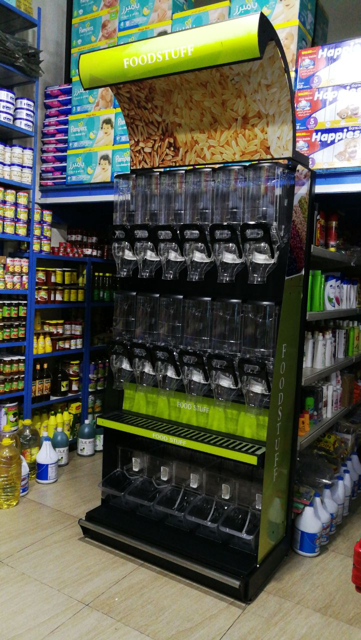 EK-026-2 Supermarket rack supermarket high quality wall mounted bulk dry food candy display storage racks with dispenser and bins