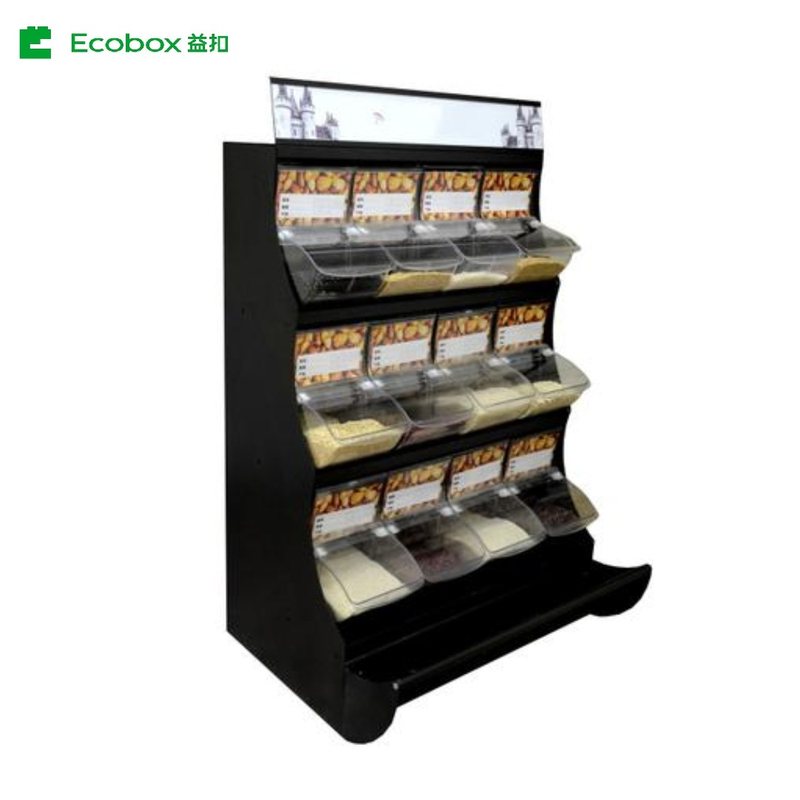 EK-026-9 Supermarket rack Ecobox candy cereal nuts organic gravity bin dispenser metal candy shelf display racks for supermarket