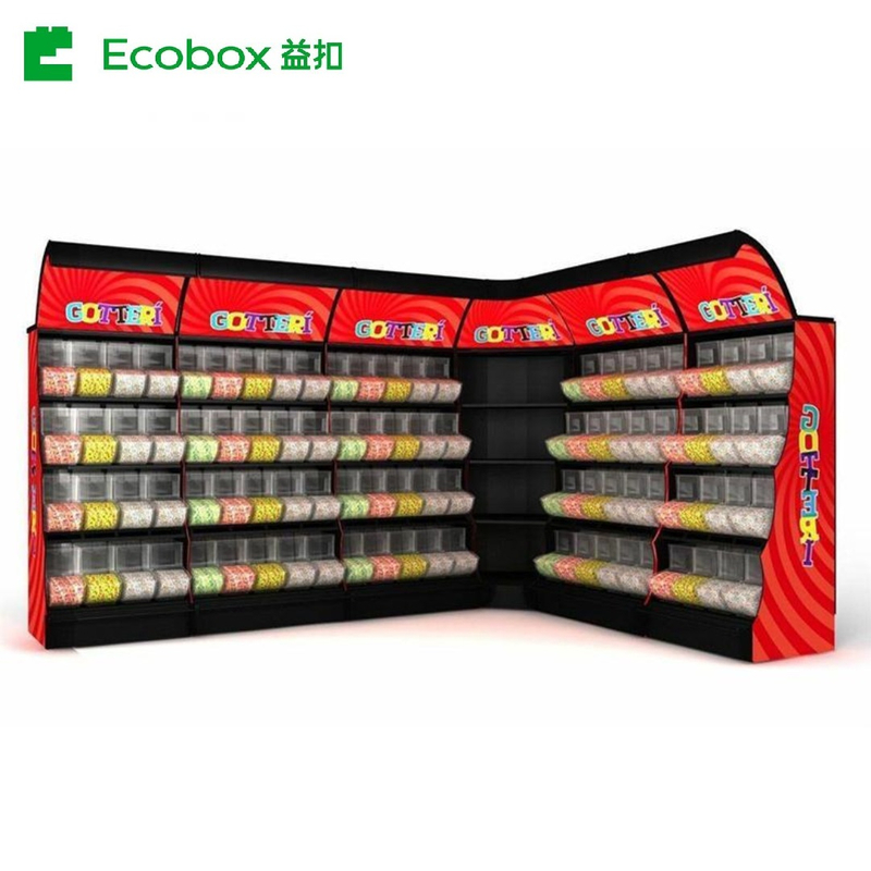 EK-026-7 Supermarket rack Ecobox candy cereal nuts organic gravity bin dispenser metal candy shelf display racks for supermarket