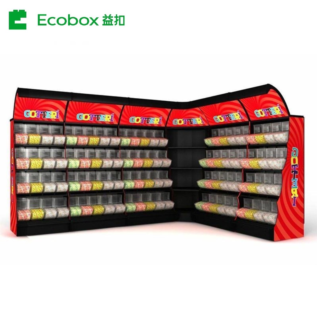 EK-026-7 Supermarket rack Ecobox candy cereal nuts organic gravity bin dispenser metal candy shelf display racks for supermarket