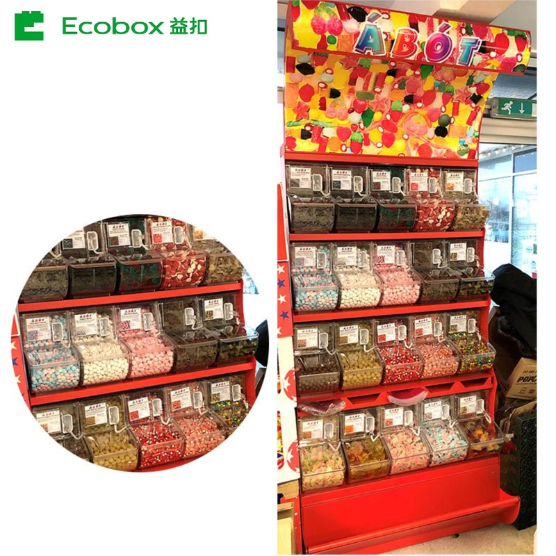 EK-026-9 Supermarket rack Ecobox candy cereal nuts organic gravity bin dispenser metal candy shelf display racks for supermarket