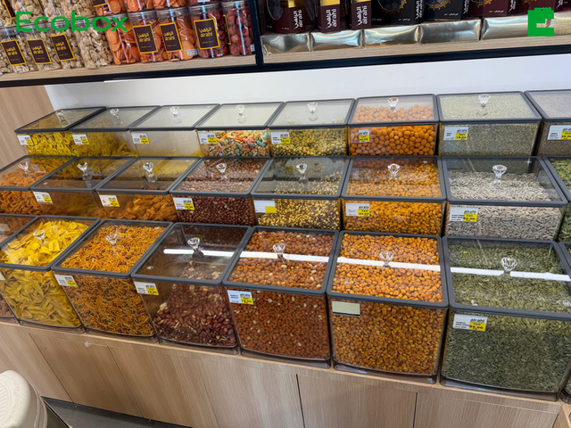 MF-05 ECOBOX Factory Customization Available 20*20*20 Clear Candy Nut Display Container Reusable Bulk Food Container Dried Fruit Box 